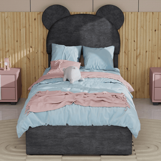 Cama infantil estofada 90x200 - cabeceira com desenhos animados, base com arrumação e pistão - cinzento
