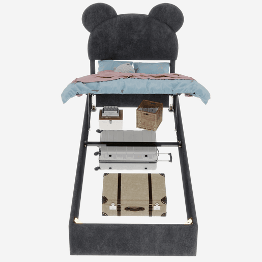 Cama infantil estofada 90x200 - cabeceira com desenhos animados, base com arrumação e pistão - cinzento