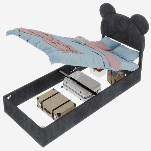 Cama infantil estofada 90x200 - cabeceira com desenhos animados, base com arrumação e pistão - cinzento