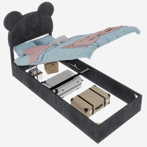 Cama infantil estofada 90x200 - cabeceira com desenhos animados, base com arrumação e pistão - cinzento