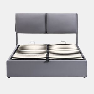 Cama estofada 140x190 - base hidráulica, 3 gavetas, arrumação, sem colchão - cinzento