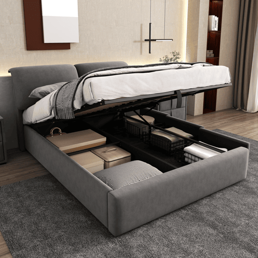 Cama estofada 140x190 - base hidráulica, 3 gavetas, arrumação, sem colchão - cinzento Cama estofada 140x190 - base hidráulica, 3 gavetas, arrumação, sem colchão - cinzento