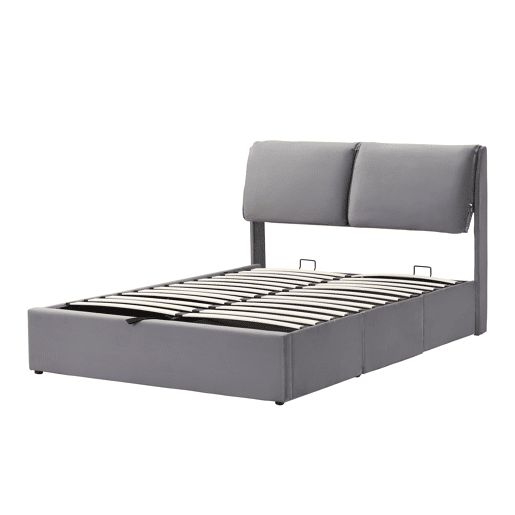 Cama estofada 140x190 - base hidráulica, 3 gavetas, arrumação, sem colchão - cinzento Cama estofada 140x190 - base hidráulica, 3 gavetas, arrumação, sem colchão - cinzento