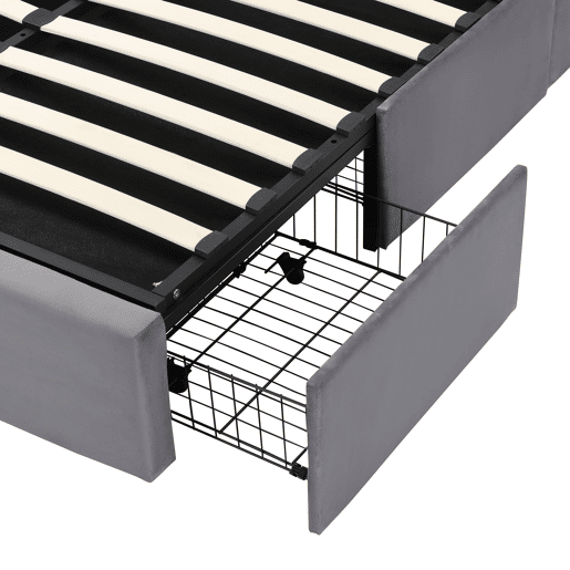 Cama estofada 140x190 - base hidráulica, 3 gavetas, arrumação, sem colchão - cinzento Cama estofada 140x190 - base hidráulica, 3 gavetas, arrumação, sem colchão - cinzento