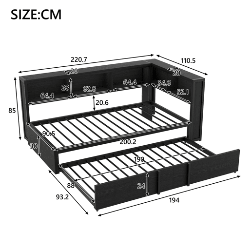 Cama metálica de dia 90x200 - com cama extra, arrumação, LED e USB - Preto