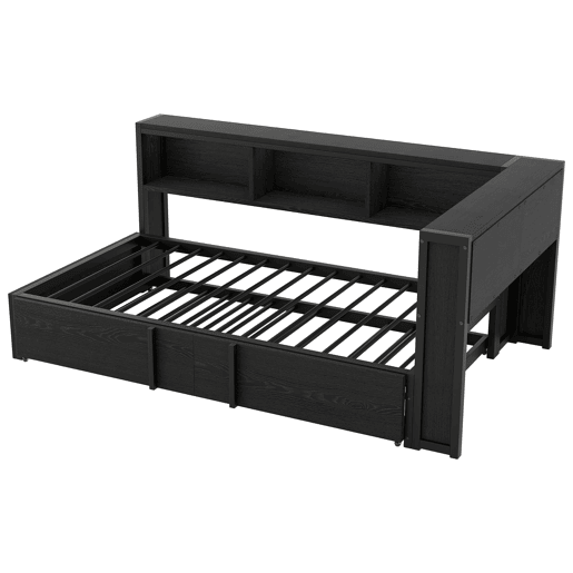 Cama metálica de dia 90x200 - com cama extra, arrumação, LED e USB - Preto
