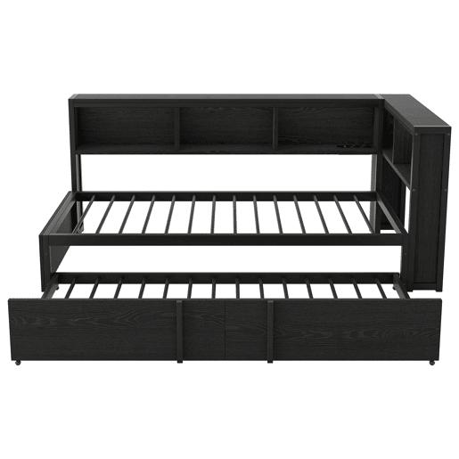 Cama metálica de dia 90x200 - com cama extra, arrumação, LED e USB - Preto