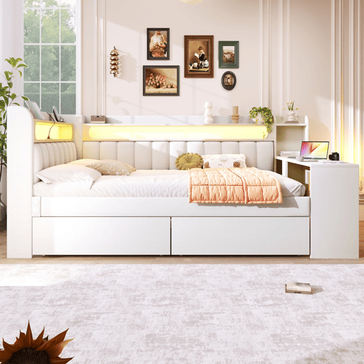 Sofá-cama estofado 140x200 - com USB, LED, secretária e 2 gavetas - branco