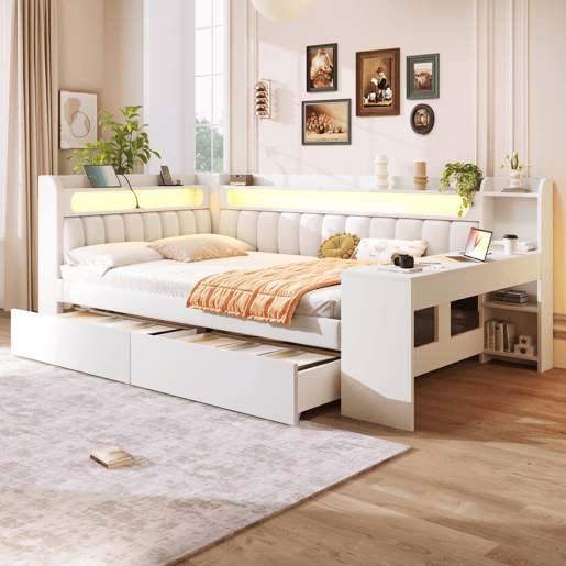 Sofá-cama estofado 140x200 - com USB, LED, secretária e 2 gavetas - branco