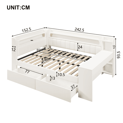 Sofá-cama estofado 140x200 - com USB, LED, secretária e 2 gavetas - branco