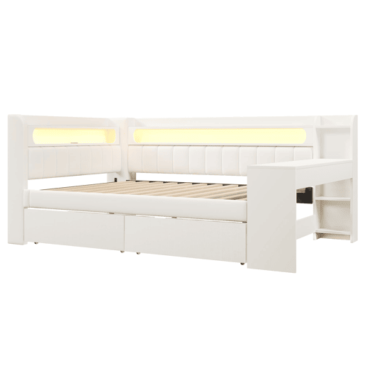 Sofá-cama estofado 140x200 - com USB, LED, secretária e 2 gavetas - branco