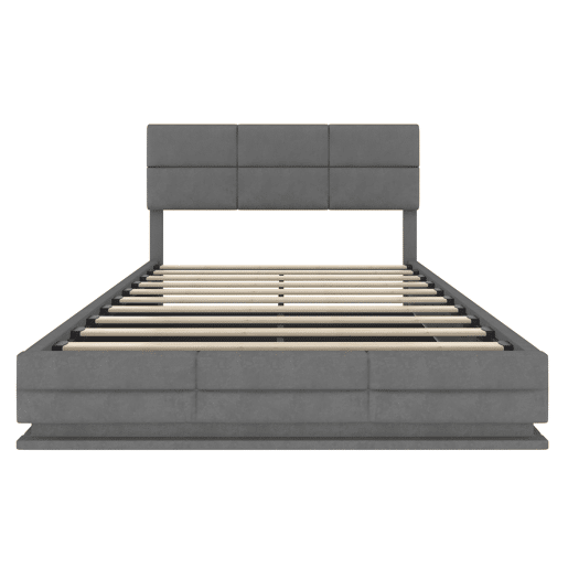 Cama estofada 160x200 cm - Cabeceira ajustável, portas USBType-C, iluminação LED, sistema hidráulico, armazenamento XXL - Cinza