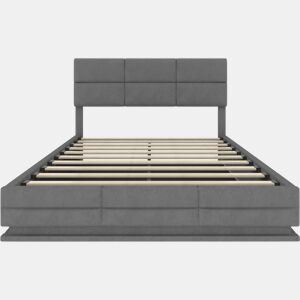 Cama estofada 160x200 cm - Cabeceira ajustável, portas USBType-C, iluminação LED, sistema hidráulico, armazenamento XXL - Cinza