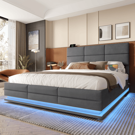 Cama estofada 160x200 cm - Cabeceira ajustável, portas USBType-C, iluminação LED, sistema hidráulico, armazenamento XXL - Cinza