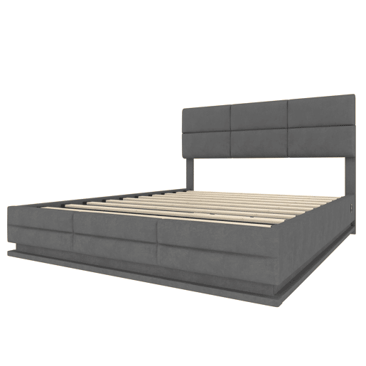 Cama estofada 160x200 cm - Cabeceira ajustável, portas USBType-C, iluminação LED, sistema hidráulico, armazenamento XXL - Cinza