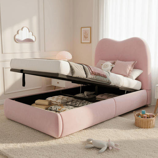 Cama individual 90x200 - canapé hidráulico com cabeceira estofada - rosa