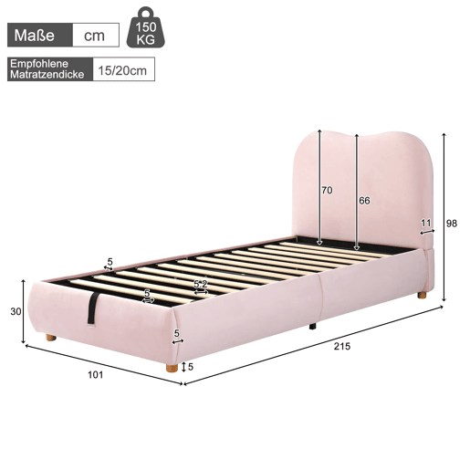 Cama individual 90x200 - canapé hidráulico com cabeceira estofada - rosa