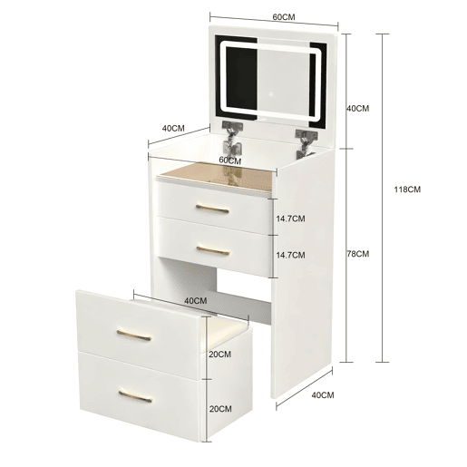 Tocador 3 em 1 60x40x118 cm - espelho aberto, cristal, 3 gavetas - branco Tocador 3 em 1 60x40x118 cm - espelho aberto, cristal, 3 gavetas - branco