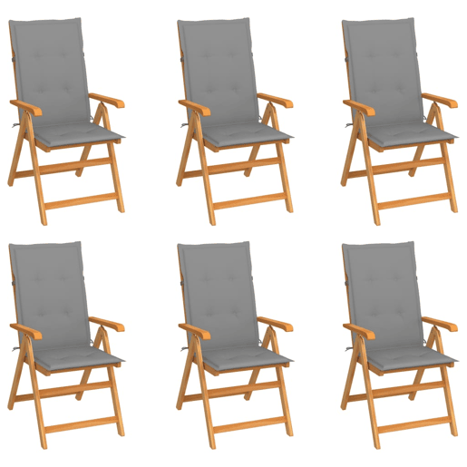 Cadeiras de jardim - Cadeiras de exterior c almofadões cinzentos 6 pcs teca maciça