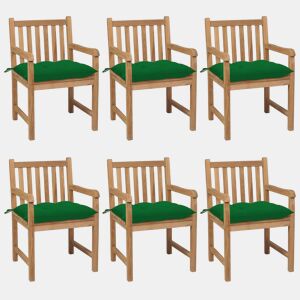 Cadeiras de jardim - Cadeiras de exterior c almofadões verdes 6 pcs teca maciça