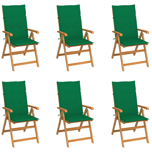 Cadeiras de jardim - Cadeiras de exterior c almofadões verdes 6 pcs teca maciça