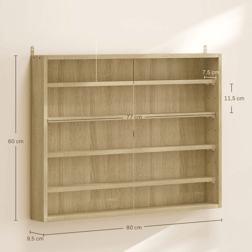 HOMCOM Vitrine Expositora para Coleções de 5 Níveis, Vitrine de Parede com Prateleiras Ajustáveis e 2 Portas de Vidro Deslizantes, para Perfumes e Figuras Decorativas, 80x9,5x60 cm, Carvalho