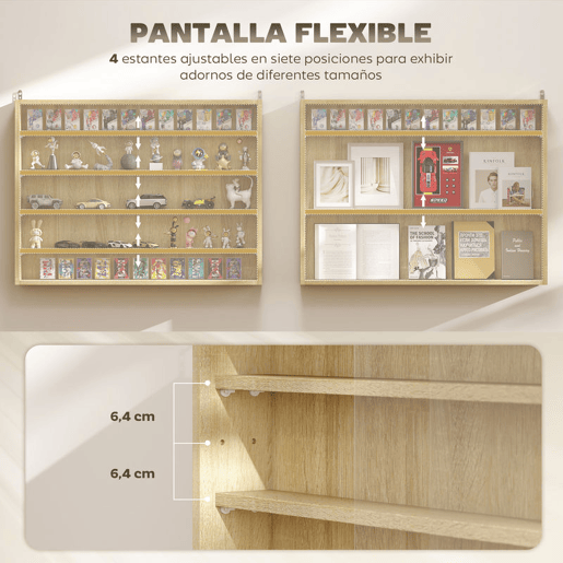 HOMCOM Vitrine Expositora para Coleções de 5 Níveis, Vitrine de Parede com Prateleiras Ajustáveis e 2 Portas de Vidro Deslizantes, para Perfumes e Figuras Decorativas, 80x9,5x60 cm, Carvalho