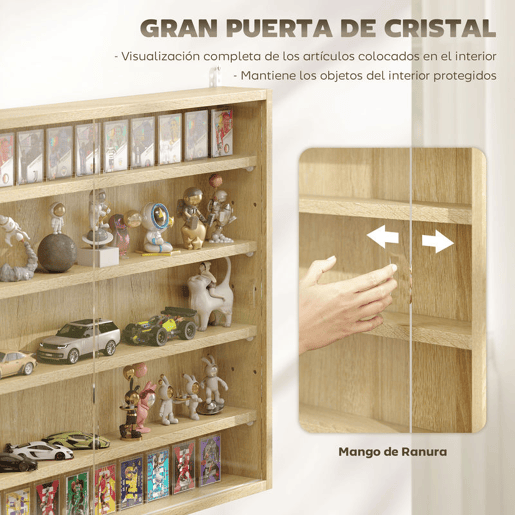 HOMCOM Vitrine Expositora para Coleções de 5 Níveis, Vitrine de Parede com Prateleiras Ajustáveis e 2 Portas de Vidro Deslizantes, para Perfumes e Figuras Decorativas, 80x9,5x60 cm, Carvalho