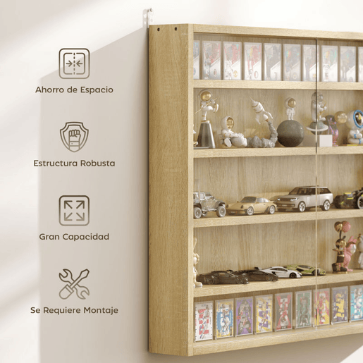 HOMCOM Vitrine Expositora para Coleções de 5 Níveis, Vitrine de Parede com Prateleiras Ajustáveis e 2 Portas de Vidro Deslizantes, para Perfumes e Figuras Decorativas, 80x9,5x60 cm, Carvalho