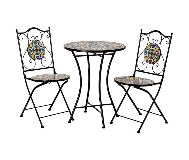 Conjunto de mesa y 2 sillas de metal amarillo 60x60x75h cm, 38x46x90h