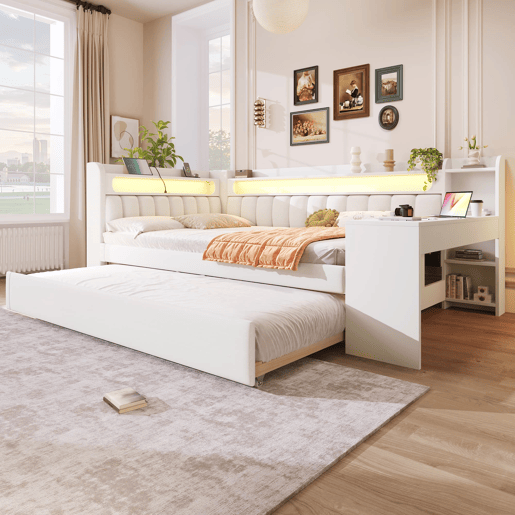 Cama nido estofada 140x200 - USB, LED, secretária - Branco