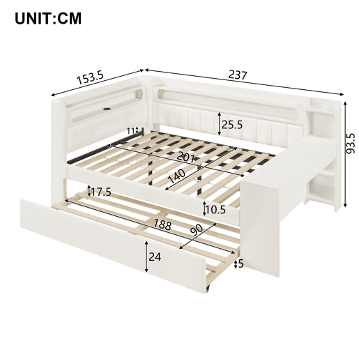 Cama nido estofada 140x200 - USB, LED, secretária - Branco