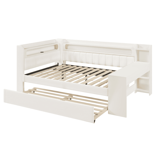 Cama nido estofada 140x200 - USB, LED, secretária - Branco