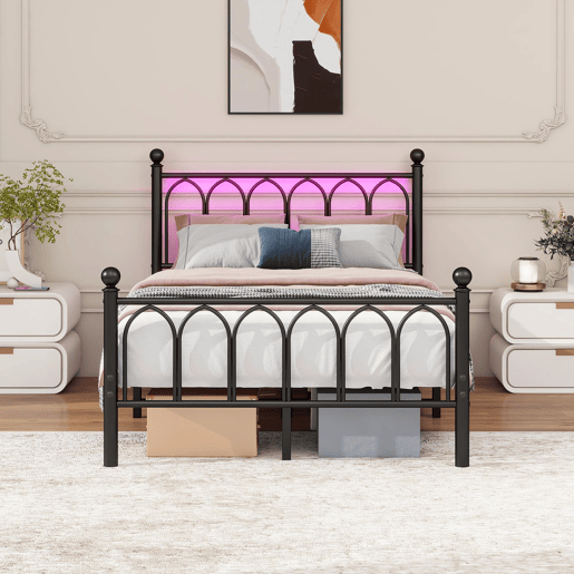 Cama metálica 120x200 - Cabeceira e pés vintage, LED, USB, arrumação, aço - Preto