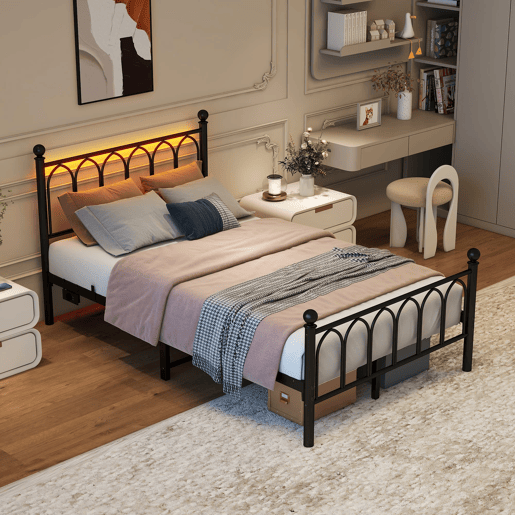 Cama metálica 120x200 - Cabeceira e pés vintage, LED, USB, arrumação, aço - Preto