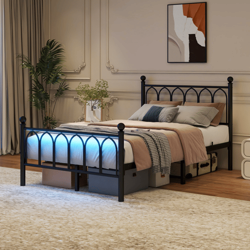 Cama metálica 120x200 - Cabeceira e pés vintage, LED, USB, arrumação, aço - Preto