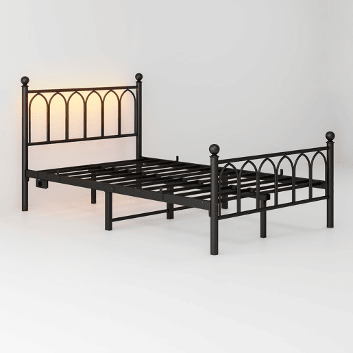 Cama metálica 120x200 - Cabeceira e pés vintage, LED, USB, arrumação, aço - Preto