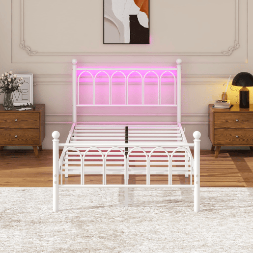 Cama metálica 120x200 - Cabeceira e pés vintage, LED, USB, arrumação, sem estrado - Branco