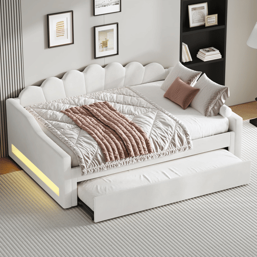 Cama estrado estofada 140x200 - faixa LED e cama extraível - bege