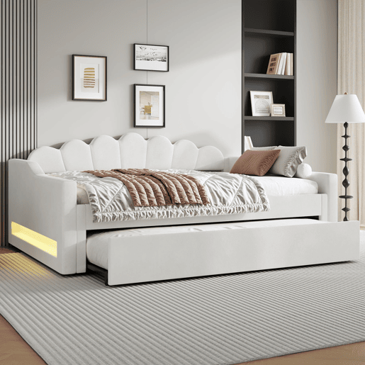 Cama estrado estofada 140x200 - faixa LED e cama extraível - bege