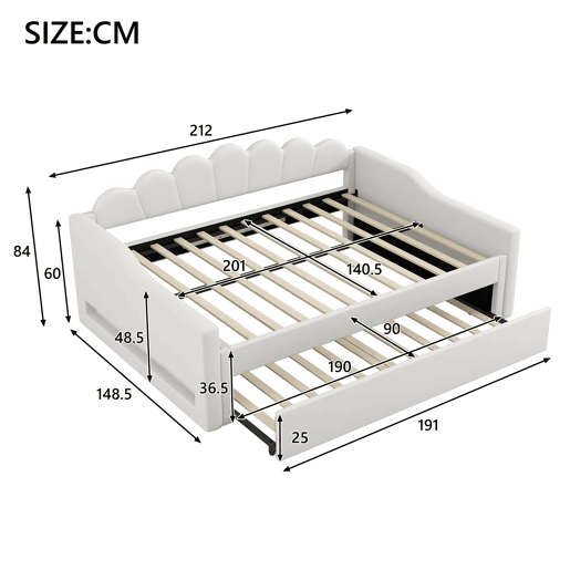 Cama estrado estofada 140x200 - faixa LED e cama extraível - bege