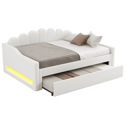 Cama estrado estofada 140x200 - faixa LED e cama extraível - bege