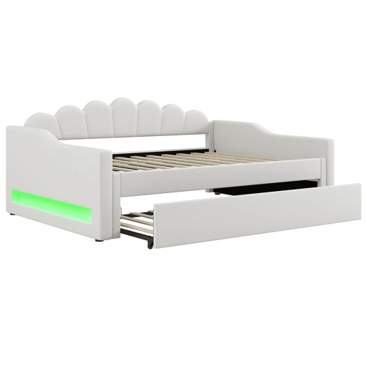 Cama estrado estofada 140x200 - faixa LED e cama extraível - bege