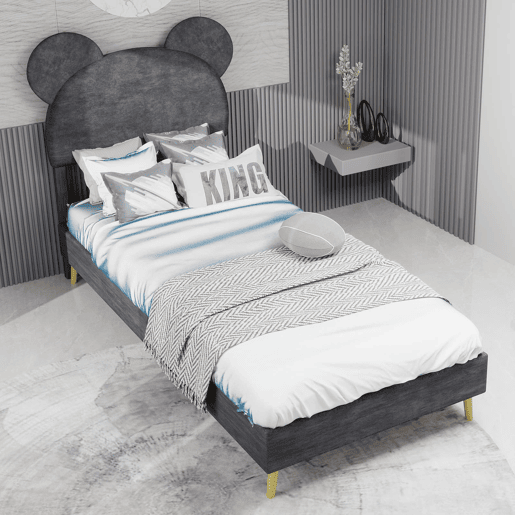 Cama infantil estofada 90x200 - Cabeceira macia com desenhos animados, base baixa sem arrumação - Cinza
