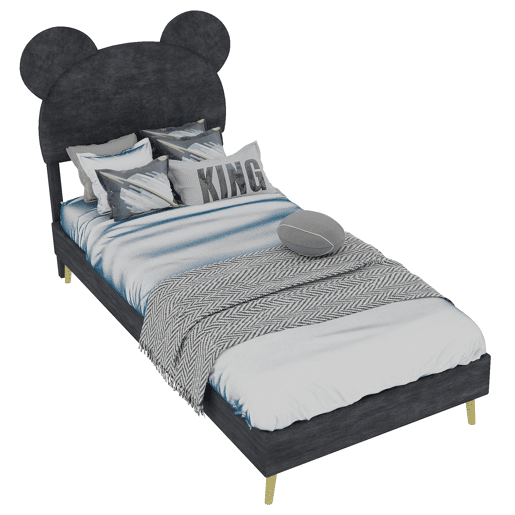 Cama infantil estofada 90x200 - Cabeceira macia com desenhos animados, base baixa sem arrumação - Cinza