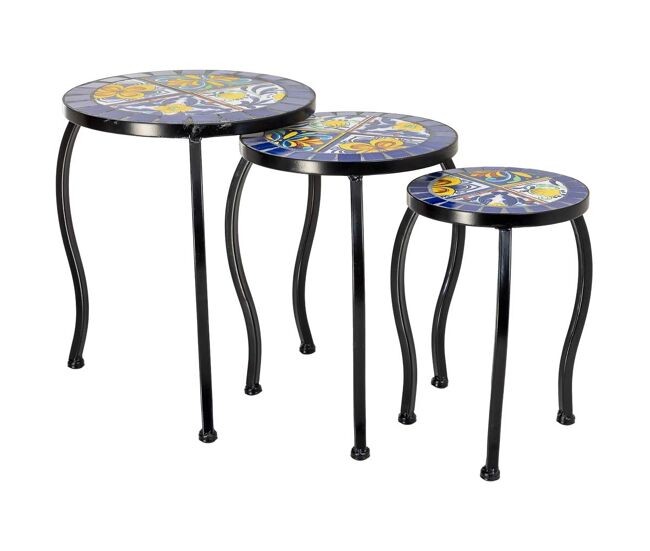 Soporte set 3 pzas de mosaico y forja azul 33x33x37h-28x28x33h-23x23x2