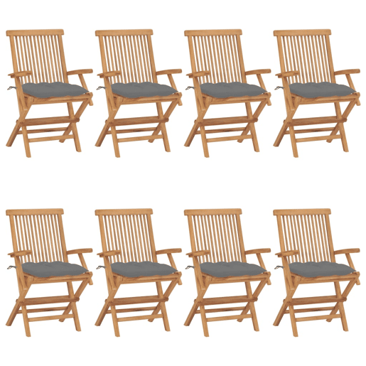 Cadeiras de jardim - Cadeiras de exterior c almofadões cinzentos 8 pcs teca maciça
