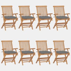 Cadeiras de jardim - Cadeiras de exterior c almofadões cinzentos 8 pcs teca maciça