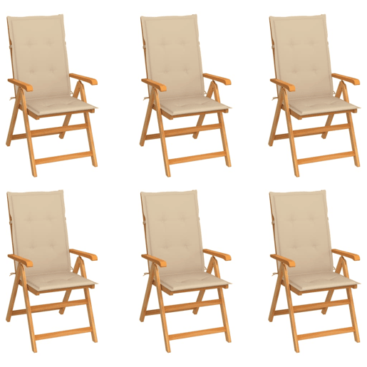 Cadeiras de jardim - Cadeiras de exterior c almofadões beges 6 pcs teca maciça