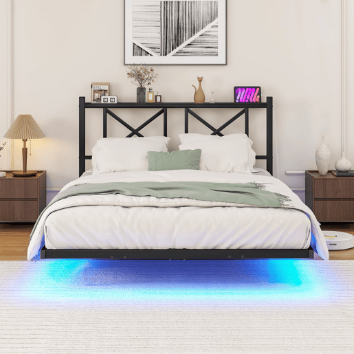 Cama de casal 120x200 cm - Estrutura metálica com LED e estação de carregamento, robusta - Preto